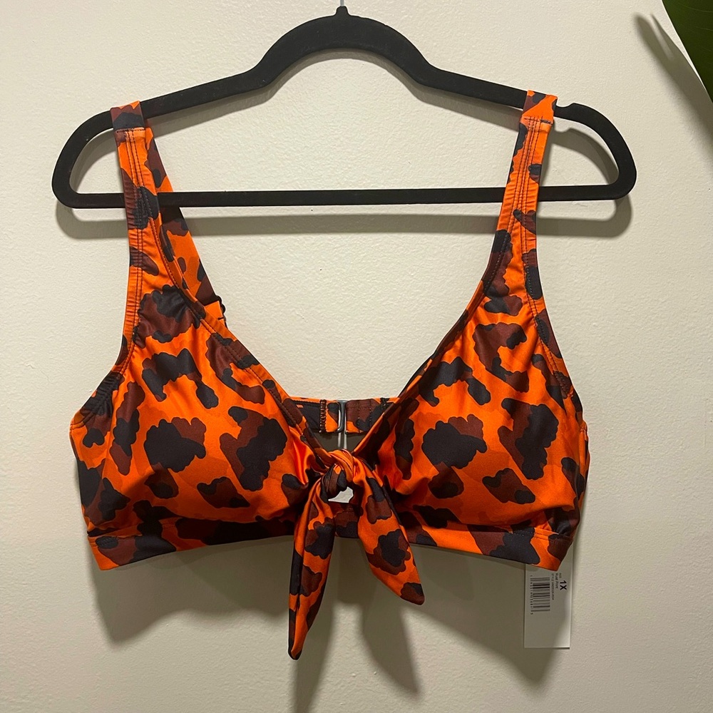 Orange leopard print, high waisted two piece plus size bikini tie front